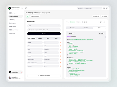 API Management App - Endpoint Testing api dashboard api management api playground api testing ui clean dashboard design code editor ui developer experience developer tools dribbble figma design light mode ui minimal interface modern ui product design request tester saas dashboard tech dashboard ux ui design web app ui web application design