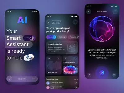 Smart AI Assistant App — Your Personal Intelligent Companion ai ai app ai assistant app app design branding crm dashboard futuristic graphic design mobile app mobile design planner productivity saas smart ai tasks ui uiux ux