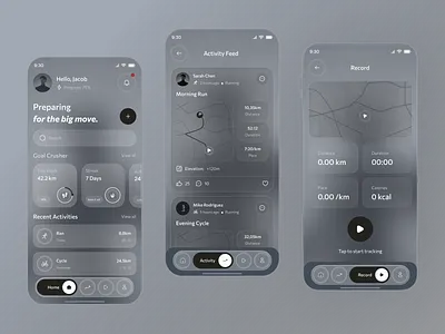 Modern Fitness App UI app design athlete performance app calorie tracking app ui design fitness fitness app fitness tracker glassmorphism fitness app gps tracking app ui mobile mobile app mobile app design modern fitness ui run cycle tracker ui sport tracking app trainer ui design uiux wellness app