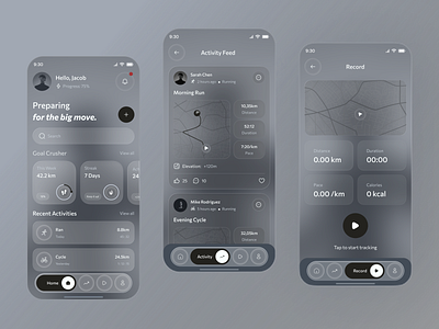 Modern Fitness App UI app design athlete performance app calorie tracking app ui design fitness fitness app fitness tracker glassmorphism fitness app gps tracking app ui mobile mobile app mobile app design modern fitness ui run cycle tracker ui sport tracking app trainer ui design uiux wellness app