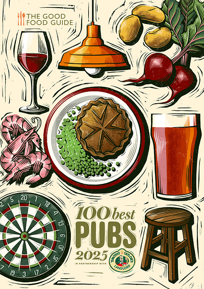 The Good Food Guide digital drink illustration folioart food illustration illustration linocut poster pub texture