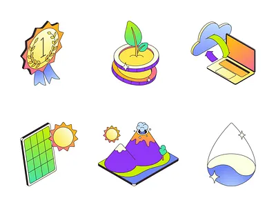 Isometric Icons: Ecology & Technology achievements cloud design ecology finance graphic design icon illustration infographics laptop medal money solar panels sprout sun technology uiux vector volcano water