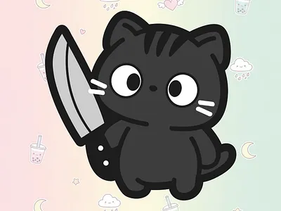 cute black cat with knife black cat chibi cute funny kawaii knife simple