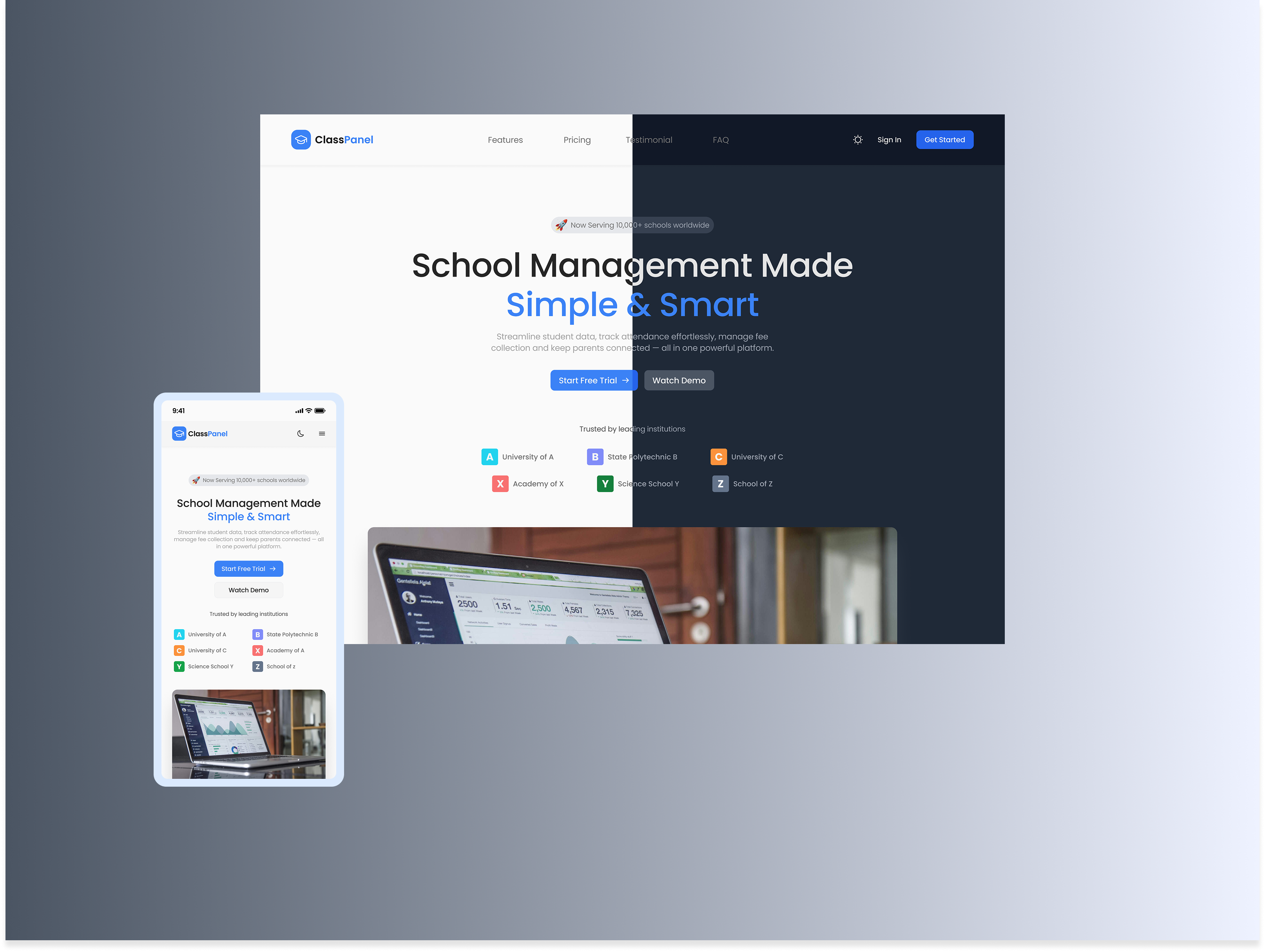 Landing Page – ClassPanel SaaS Website Design Concept concept design dashboard ui design system edtech education dashboard homepage design interface design landing page saas design saas landing page school management ui design ux design web design website concept