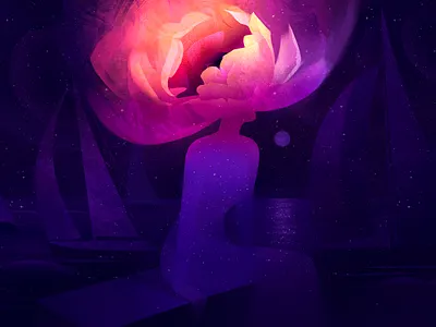 Bloom of Thoughts — Editorial Illustration on Mental Wellness article bloom book cosmic editorial flower health illustration magazine magic mental moon night peony publishing romantic sails stars wellness woman