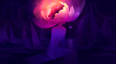 Bloom of Thoughts — Editorial Illustration on Mental Wellness article bloom book cosmic editorial flower health illustration magazine magic mental moon night peony publishing romantic sails stars wellness woman