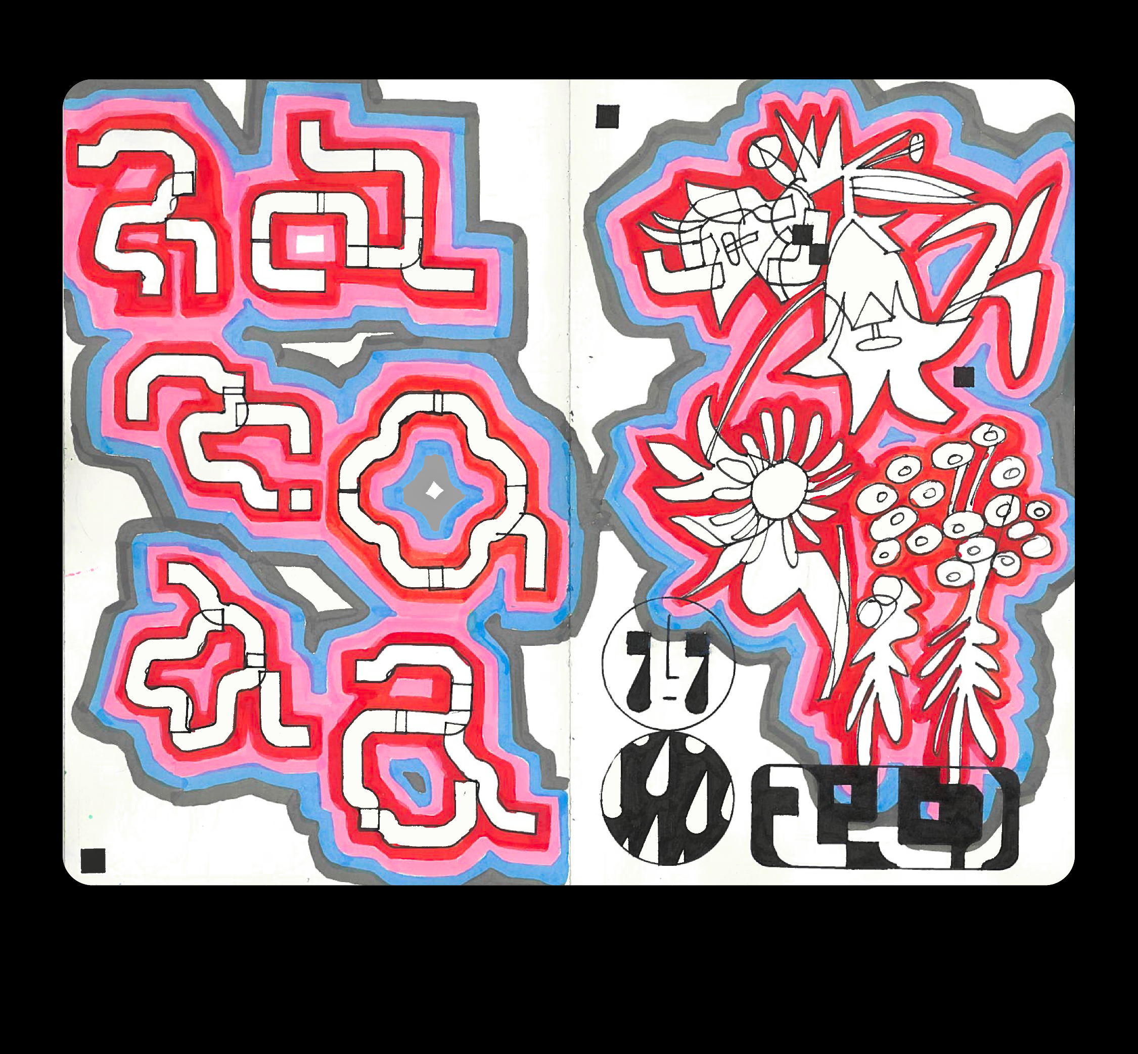 A spread from a sketchbook graphic design illustration sketchbook