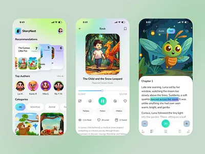 Kids E-Book App – Playful Storytelling UI Design ai reading book app app design audiobook book app bookstore e library ebook app education app kids app kids reading mobile mobile app mobile app design mobile ui online book reading app stories storybook ui ux design