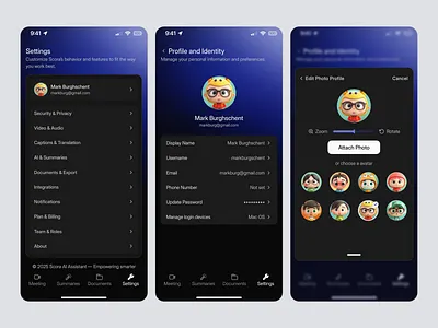 Scora AI App: Profile & Settings Management ai ai assistant ai mobile app app design dark dashboard design mobile mobile ai assistant mobile app mobile app ai mobile app design product design profile profile page profile setting saas settings uiux web app