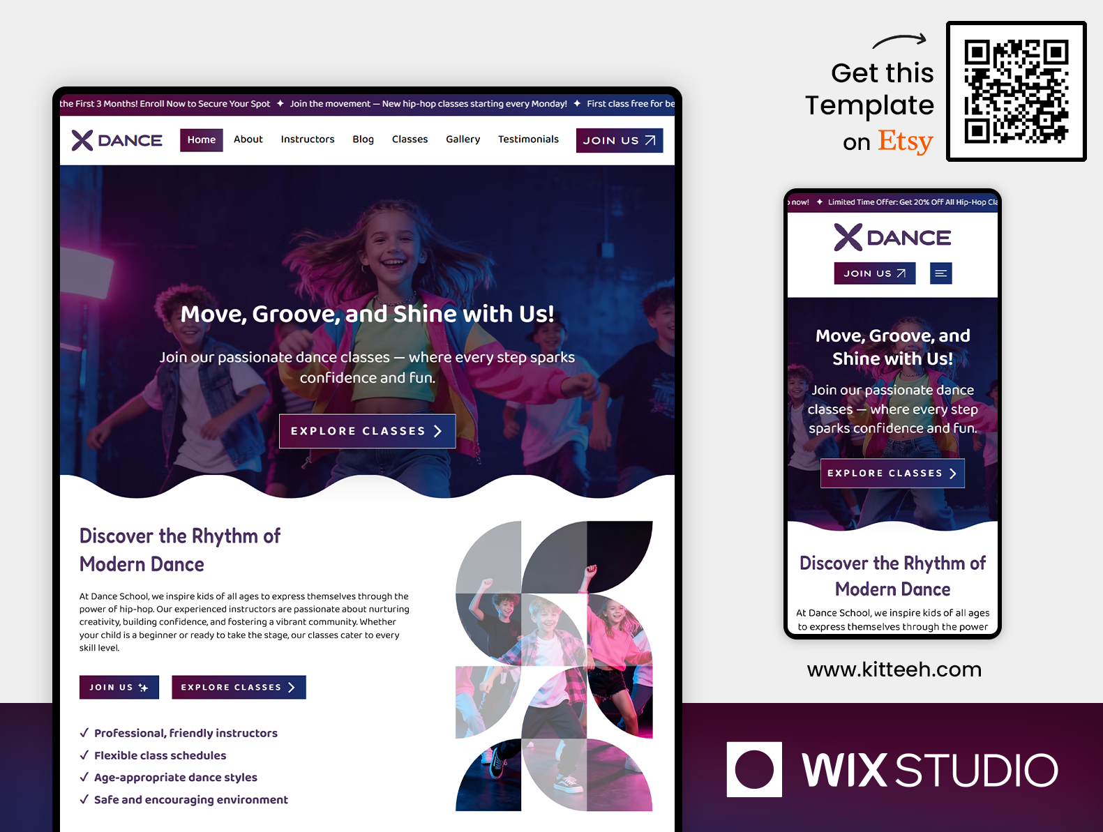 Dance School Wix Studio - Website Template and performance arts school beautiful website cheerleader cheerleading classic and modern dance dance competition dance lessons dance school dance studio gymnastics kids dance kids dance class stage theater wellness studio wix studio wix studio website wix studio website template zumba