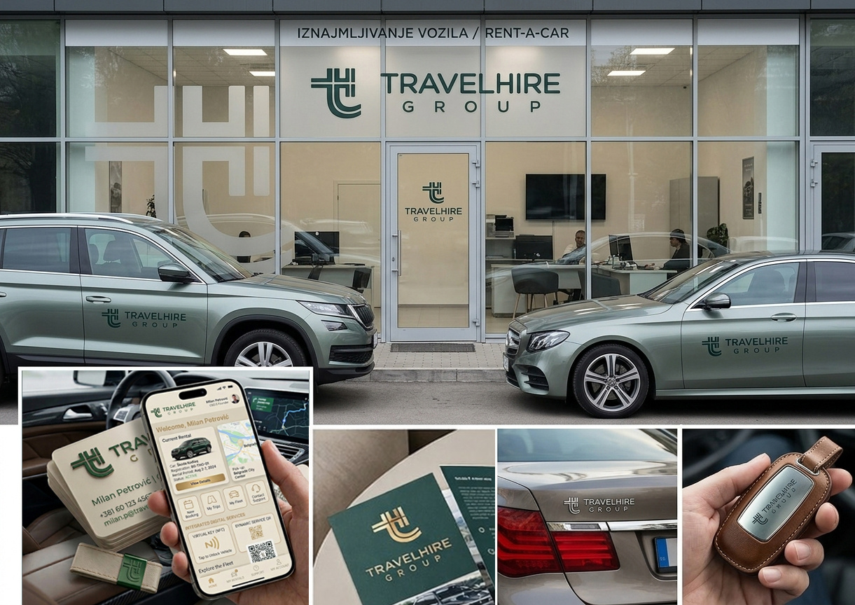 This is a logo for a company named "TRAVELHIRE GROUP" clean design consulting elegant flat design group hospitality initials logo lettermark (t h) line art luxury travel minimalist logo modern monogram negative space rental services tech tourism transportation travel agency typographic logo