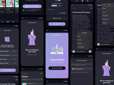 Mobile App for Personalized Bedtime Stories aipersonalization aistory appdesign calmingui designinspiration gentledesign kidsapp mobileapp mobileui modernappdesign parentingapp softui storyapp storyland uianimation uidesign userexperience uxdesign
