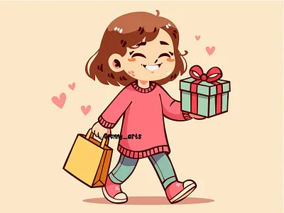 Cartoon Girl Cheerfully Holding Gift and Shopping Bag background black boxing buy christmas clearance day dicount ecommerce event festive friday gift offer procurement retail sale sales shopping tradition