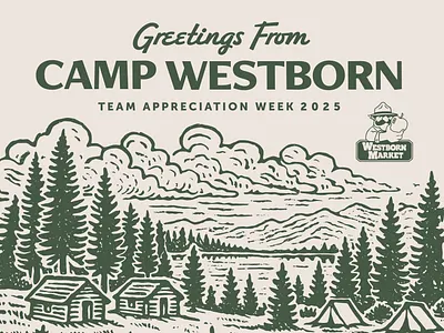 Greetings From Camp Westborn cabin camp camper campground clouds lake linocut mountain pine ranger stamp tent trees west westborn