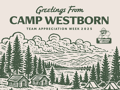 Greetings From Camp Westborn cabin camp camper campground clouds lake linocut mountain pine ranger stamp tent trees west westborn