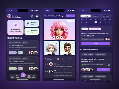 AI Meet Note Tracker Mobile App UI/UX ai meet tracker ai note tracker ai saas ai tools dark mode illustration ios meet mobile apps mobile design mobile note tracker note tracker note tracker ai note tracker app product design saas saas mobile app uc uiux ux