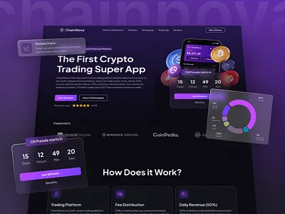 ChaintNova - Crypto & Web3 Landing Page app bitcoin blockchain clean crypto dark mode design fintech hero image homepage illustration landing page marketing saas startup trading ui ux web3 website