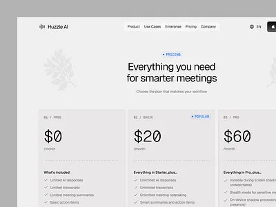 Hazzle AI — Smarter Pricing for Smarter Meetings ai clean design enterprise halftone landing page minimal modern pricing responsive saas ui web design website