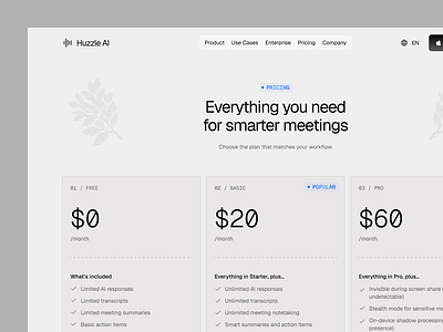 Hazzle AI — Smarter Pricing for Smarter Meetings ai clean design enterprise halftone landing page minimal modern pricing responsive saas ui web design website