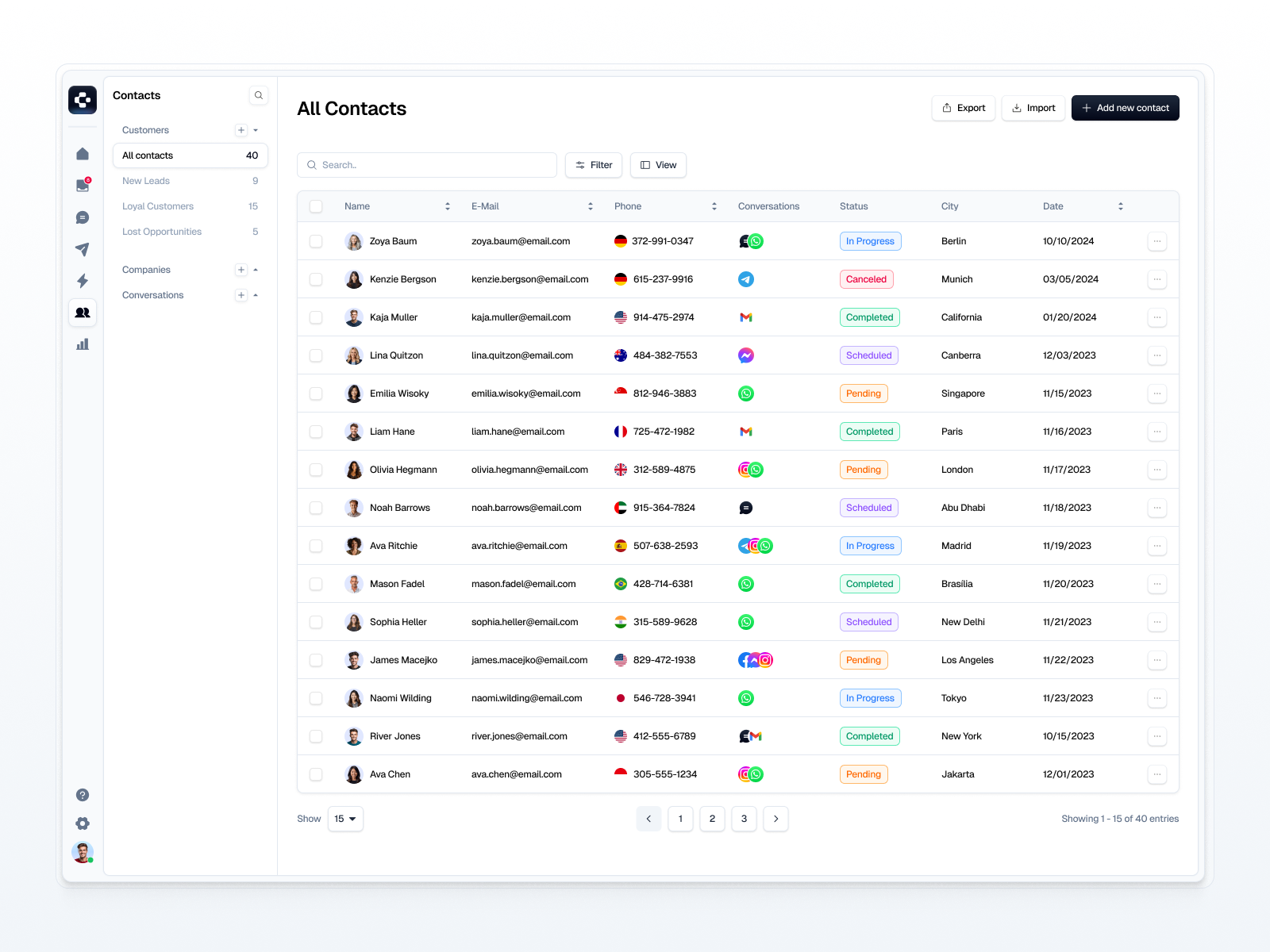 Cosmo - Customer Support Dashboard (CRM) contact conversation crm customer customer services customer support dashboard data filter leads marketing pagination people sales search table tag ui design user