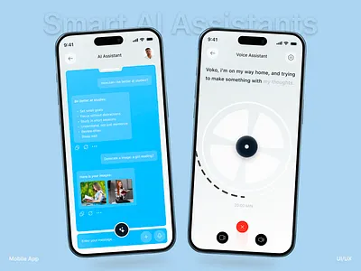 Smart AI Assistants – Chat + Voice UI Concept ai ai app ai assistant ai chat ai voice app concept app design chat app chat ui clean design concept design interface design minimal ui mobile app mobile ui modern ui product design ui design ux design voice assistant