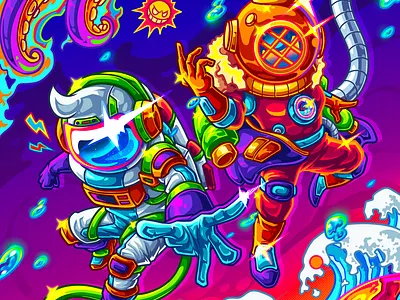 Astronaut and Diver Couple Colorfull Illustration 2dillustration art cartoon characterdesign colorfull digitalart graphic design illustration mascotdesign tshirtdesign
