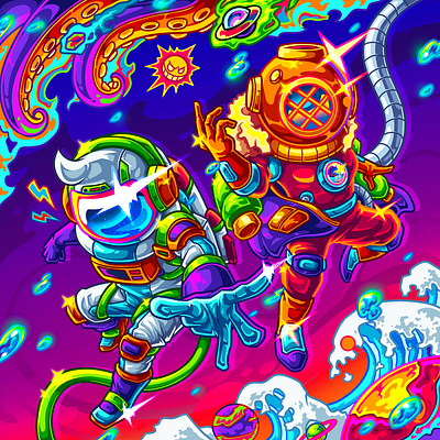 Astronaut and Diver Couple Colorfull Illustration 2dillustration art cartoon characterdesign colorfull digitalart graphic design illustration mascotdesign tshirtdesign