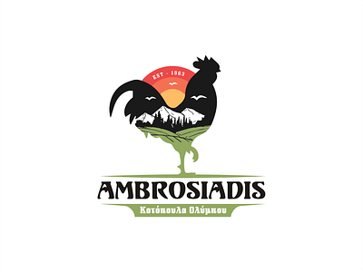 Ambrosiadis v1 — Rooster & Sunrise Agricultural Emblem agriculture brand design emblem farm food heritage identity illustration logo mahamadhesien mark mountain nature organic poultry rooster sunrise traditional vintage