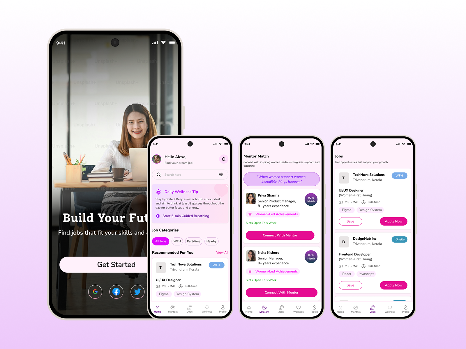 Women-Only Professional Social App career app clean ui job search mentorship minimal ui mobile ui networking app product design ui design wellness women app