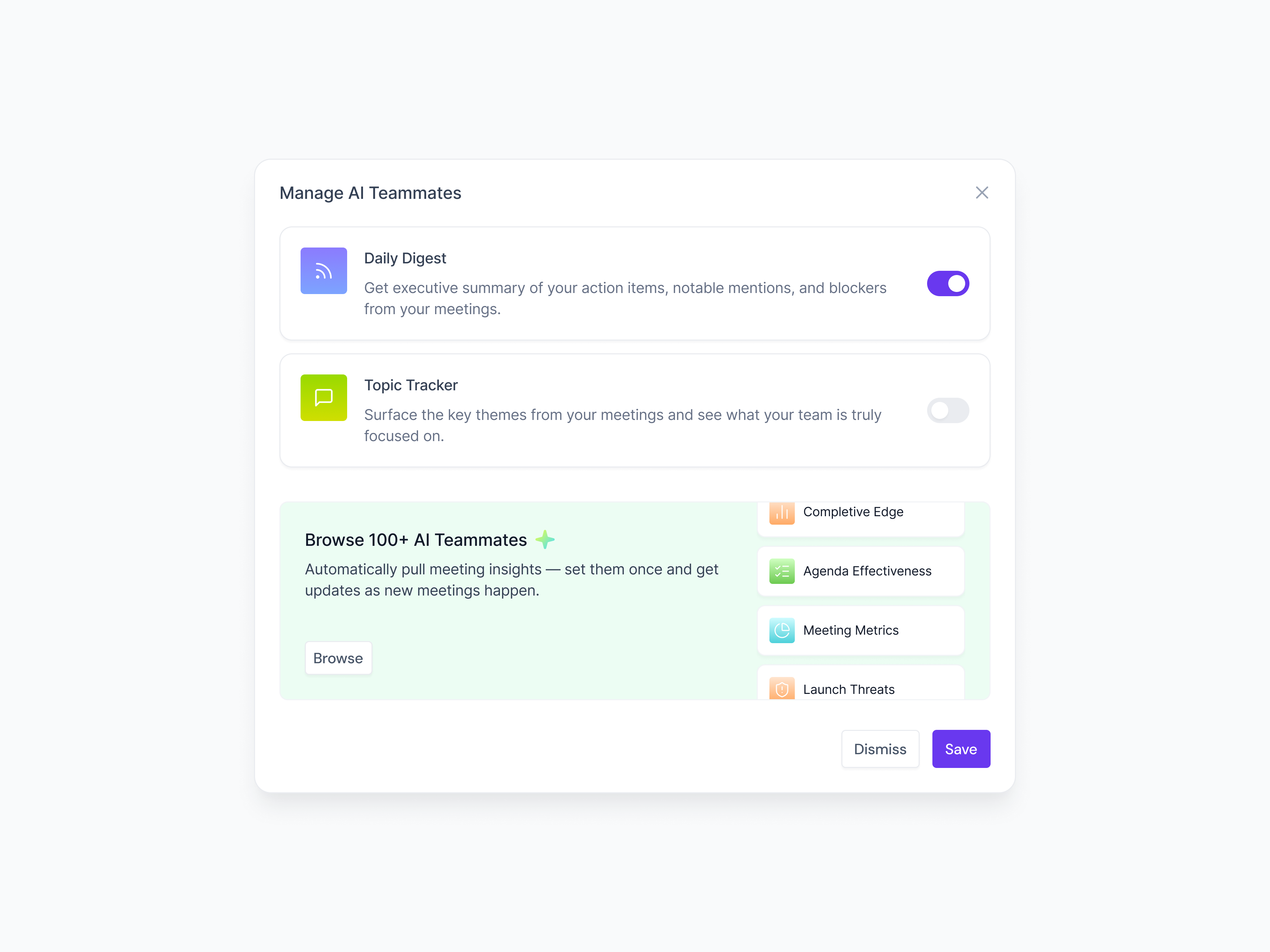 AI Teammates / AI Skills ai ai apps ai skills ai teammates app banner dashboard fireflies meeting modal popup purple ui ux