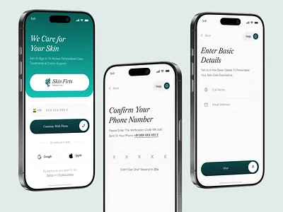 Medical Health App Dermatology App Ui Kit - sm8uti appointment booking clean ui dermatology app doctor app health tech healthcare app login screen medical app medtech minimal ui mobile app design mobile ui modern design onboarding ui otp verification profile setup skin care app telemedicine ui design ux design