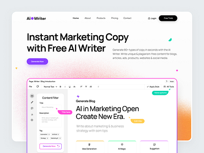 AI Writer Assistant Landing Page | SaaS Web App UI ai assistance ai tool design ai web app ai writer ai writing content generator copy ai copy writing landing page modern ui product design saas saas website ui ux design web design website
