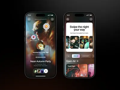 Event Finder Mobile App app app design app design inspiration app interface app showcase application application design creative app design entertainment event event app event finder ios app design mobile mobile app mobile event finder night mode design party finder product design