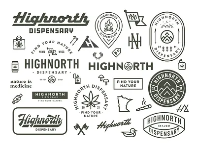 Highnorth Dispensary Brand Identity Refresh badge design brand evolution brand identity design brand style guide cannabis branding creative direction custom icon design dispensary branding logo refinement minnesota branding modern retro design monoline illustration nature inspired branding outdoor brand design packaging design pattern design retail brand design typography system vector iconography visual identity system