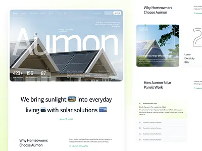 Aumon: Home Solar Panel Energy - Landing Page branding energy green homepage landing page light lightmode minimalism neon simpleui solar solar panel uidesign uiux uiuxdesign webdesign webexploration