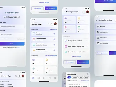 Business ERP Mobile App businesserp dashboarddesign mobileappui productivityapp saasappdesign taskmanagementapp timetrackingui uxuidesign