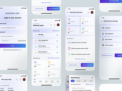 Business ERP Mobile App businesserp dashboarddesign mobileappui productivityapp saasappdesign taskmanagementapp timetrackingui uxuidesign