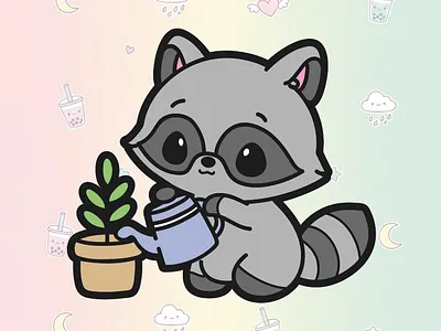 cute raccoon watering plants chibi cute kawaii plants raccoon