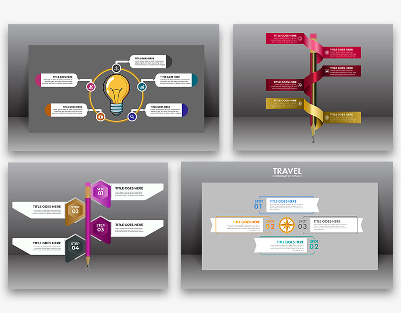Infographic design set for education, business, travel, and work bulb infographic business infographic business strategy data visualization earning education infographic infographic chart infographic design infographic layout learning process pen infographic pencil infographic presentation process chart process steps school presentation step infographic teaching training travel infographic