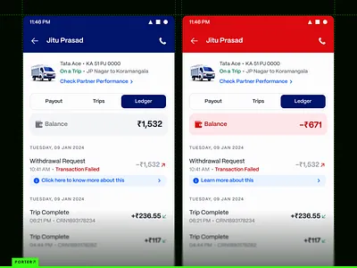 Vehicle & Driver Partner Performance active app design driver ledger logistics mobile partner performance porter suspended ui ux