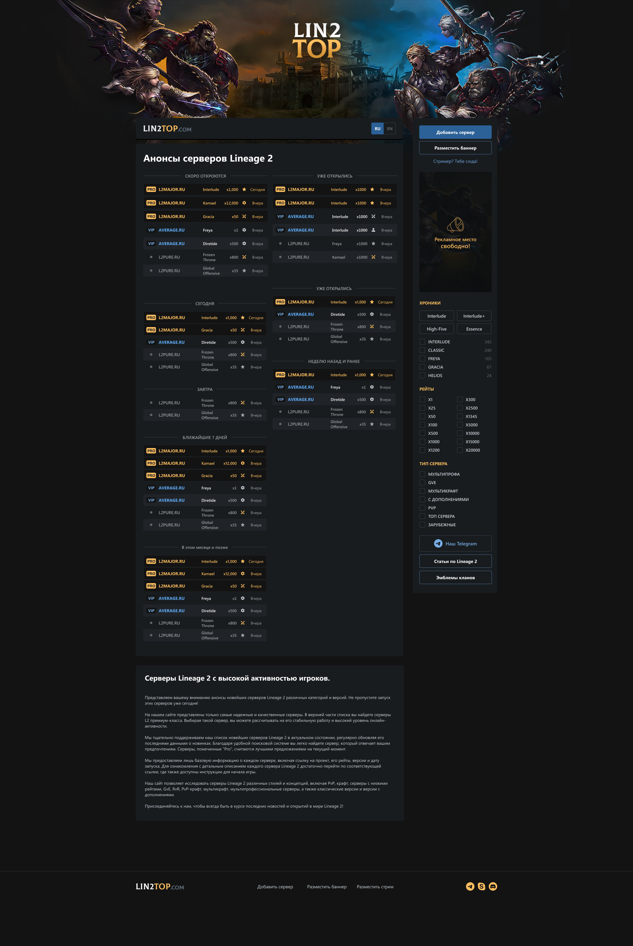 Lin2Top - Private Server Rating Catalogue game website