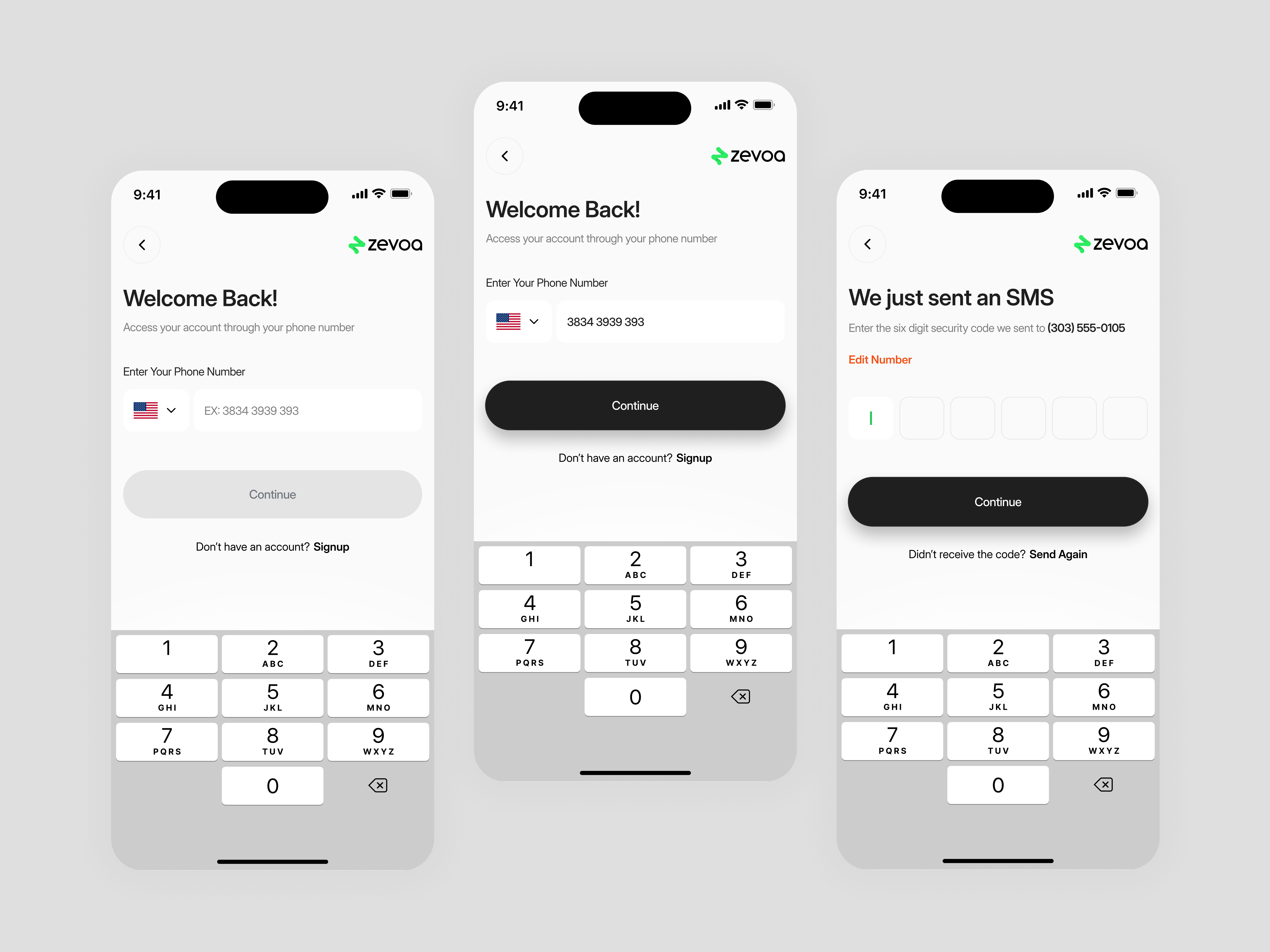 Zevoa Mobile App - Login & OTP Verification Flow app app design app onboarding flow design app sign in interface app ui concept clean onboarding ui ios mobile app ui login ui mobile mobile app mobile app interface mobile ui inspiration modern mobile ui design signup and login screen sms verification screen design user authentication flow