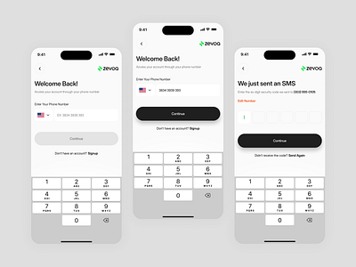 Zevoa Mobile App - Login & OTP Verification Flow app app design app onboarding flow design app sign in interface app ui concept clean onboarding ui ios mobile app ui login ui mobile mobile app mobile app interface mobile ui inspiration modern mobile ui design signup and login screen sms verification screen design user authentication flow