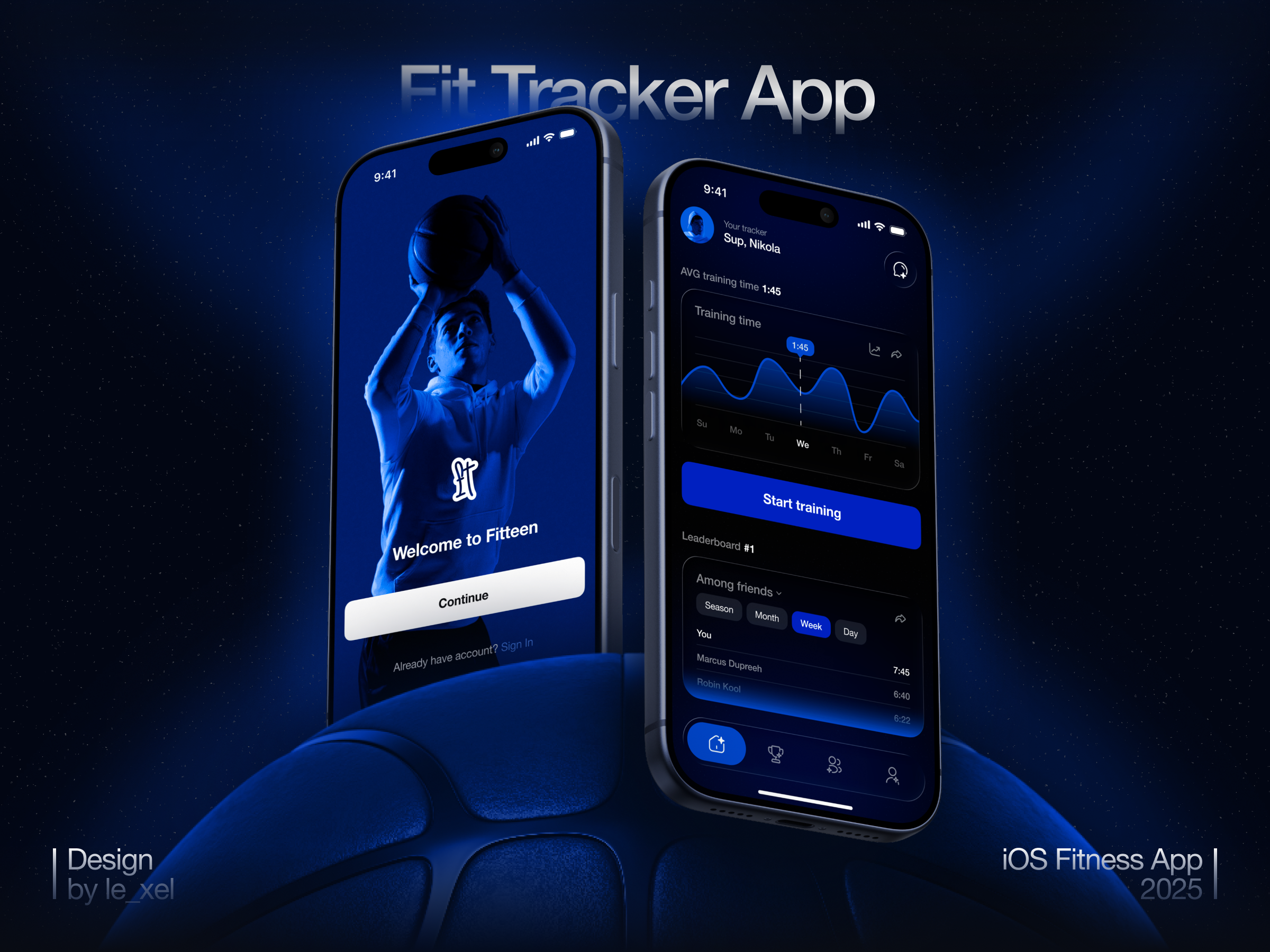 Fitteen | Fit Tracker App Design app concept blue app blue palette fit app fit tracker fit tracker app fitness app futuristic app glass effect ios app le xel leaderboard liquid glass logo monochrome motivation app sport app statictics tracker app ui
