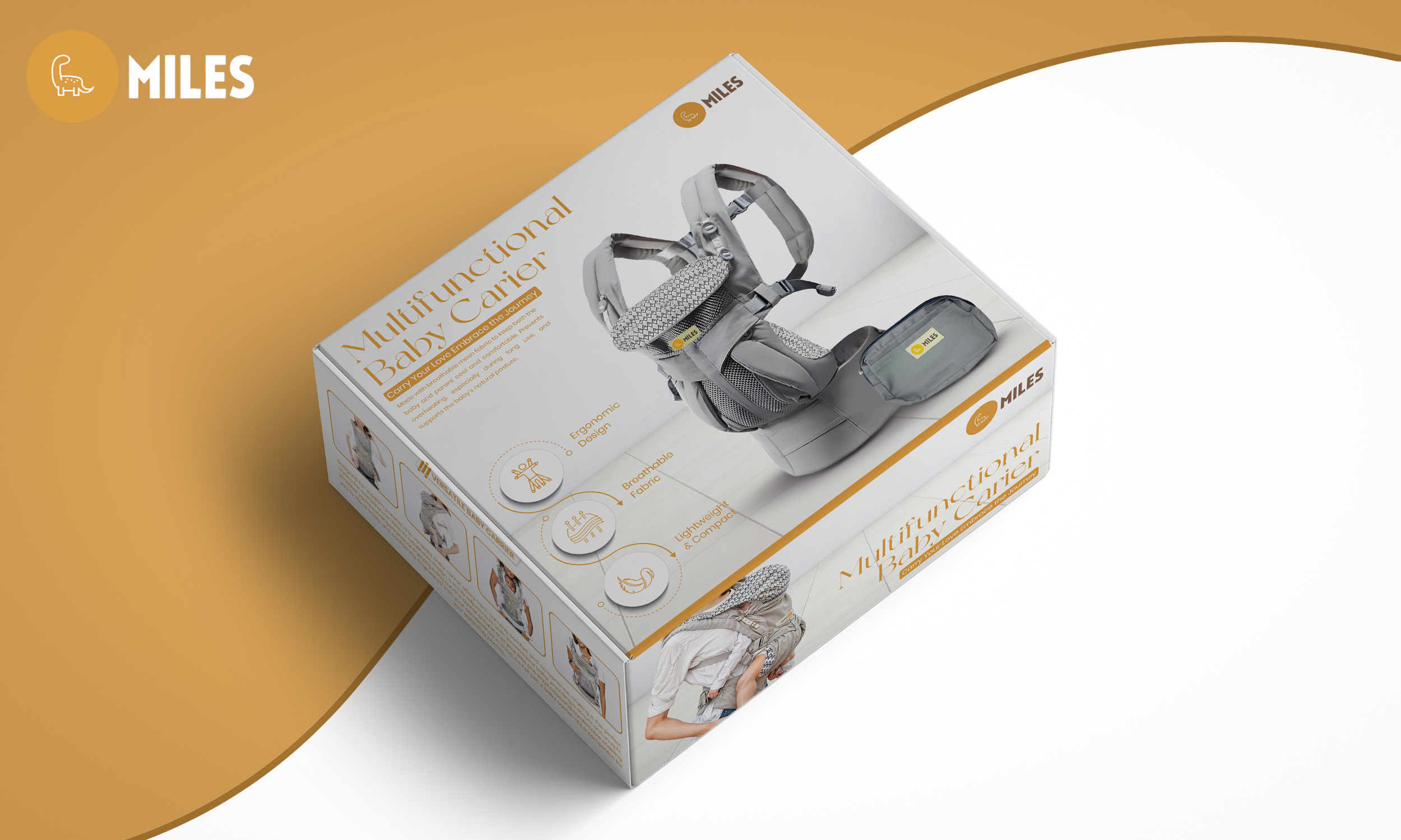 Miles – Multifunctional Baby Carrier Packaging Design adobe illustrator box packaging branding design graphic design illustration logo packaging design vector