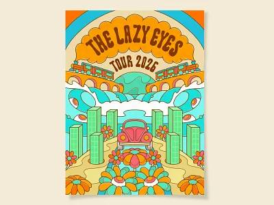 The Lazy Eyes Poster | Psychedelic Poster Design eye balls flowers gig poster art groovy poster design music poster designer poster designer psychedelic poster san diego the lazy eyes tour poster design train design trippy poster vw bug
