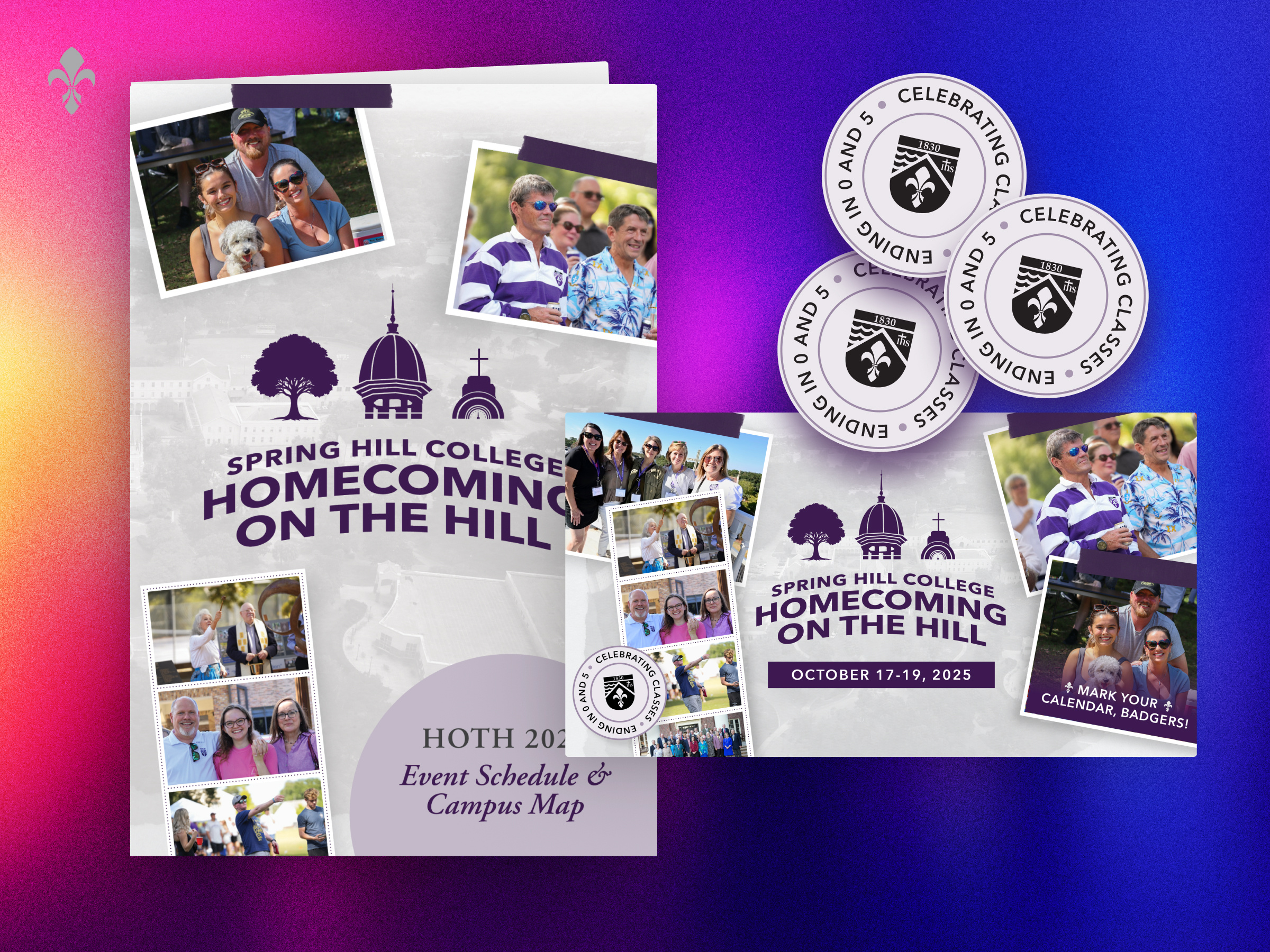Homecoming on The Hill: Event Design brand branding college content design event collateral event design graphic design homecoming illustration logo mailer marketing collateral postcard print schedule stickers