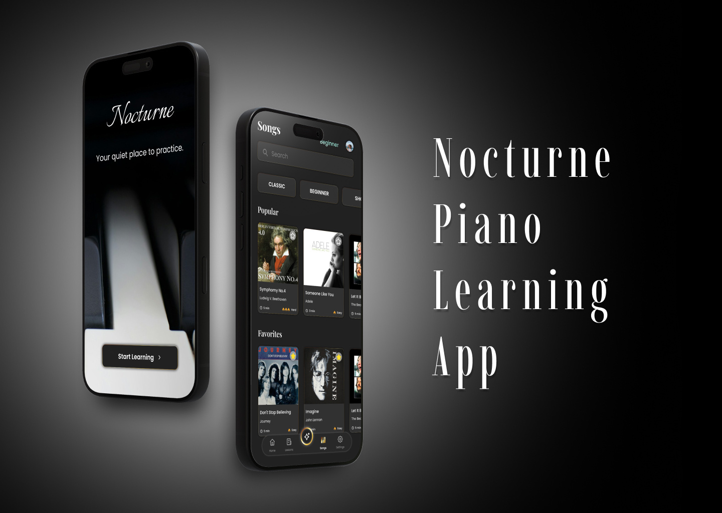 Nocturne - Piano Learning App ai assistant ai design app design concept design dark mode dark theme dark ui education education app interface design learning app mobile app mobile app design mobile ui music app piano piano app product design ui design ux design