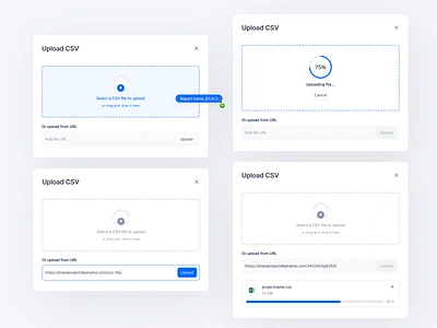 Upload CSV csv csv uploader design design system drag and drop file minimal product designer progress bar sergushkin ui upload upload file uploading url ux ux pattern web website