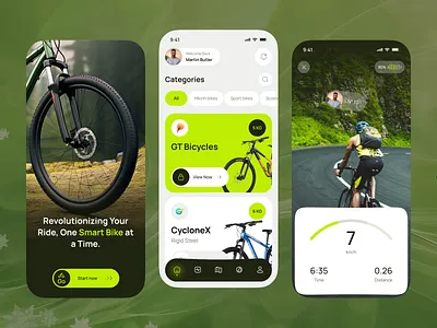 Smart Bicycle Mobile App – Ride Smarter, Faster & Safer app design bicycle bike biketracking cycle cycle store cyclingapp e commerce fitnessappdesign mobile app mobileappdesign modernui navigationapp ridetracker smart cycle smartbicycle smartbikeapp uiux